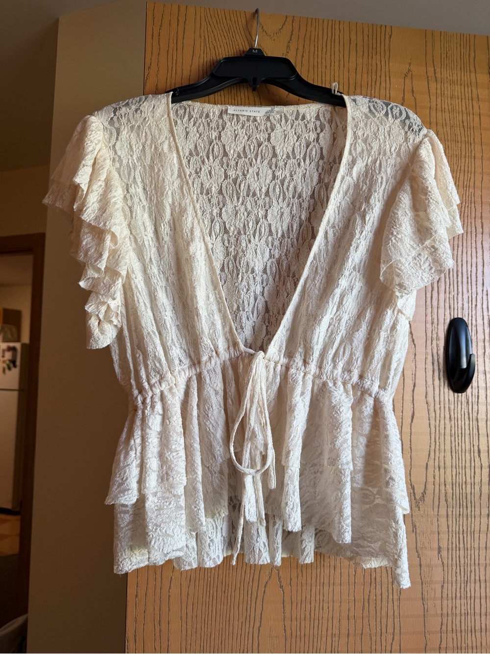 Altar'd State Cream Lace Tie-Front Peplum Blouse